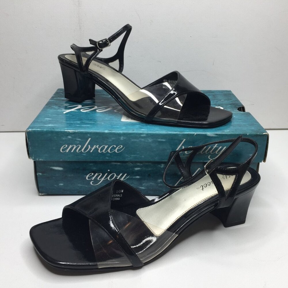 Easy Street Womens Black Patent Slingback Square Heel Shoes Sandals Size 10W